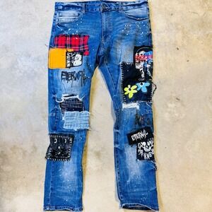 Men's Smoke Rise Denim Co Patchwork Skinny Fit Jeans 38x32 RN#82930 Multicolor
